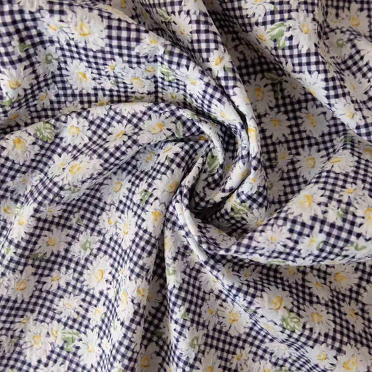 "The Daisy Field" - Daisy & Gingham Print on Cotton Seersucker (Sold by the Yard) - BUBBO