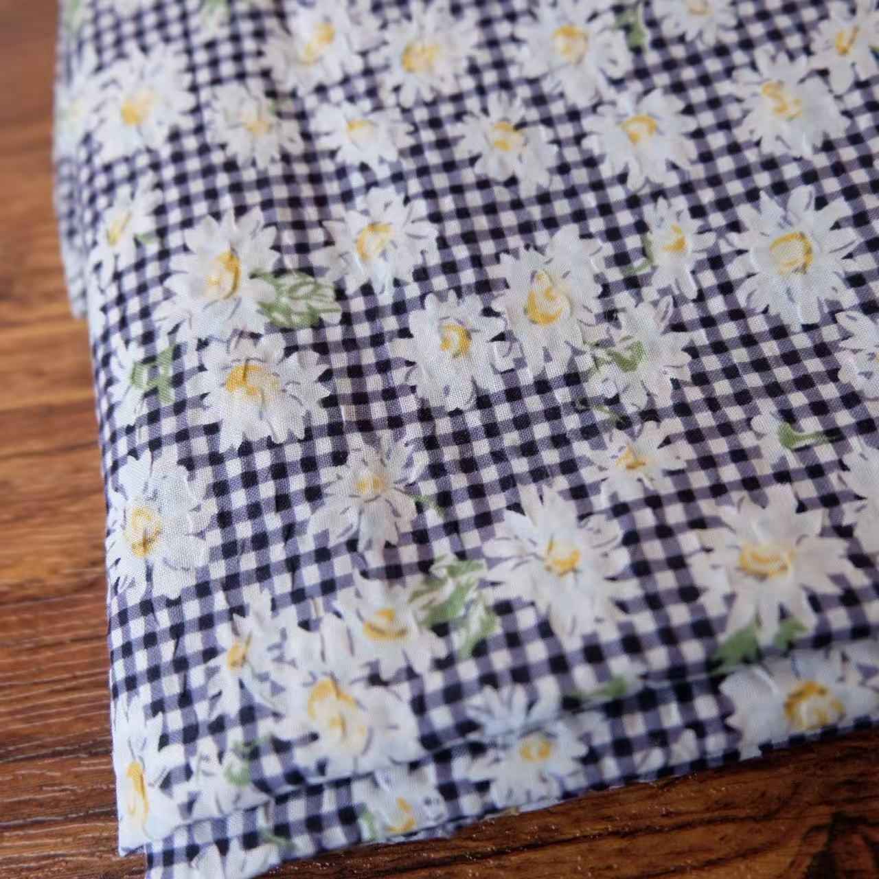 "The Daisy Field" - Daisy & Gingham Print on Cotton Seersucker (Sold by the Yard) - BUBBO