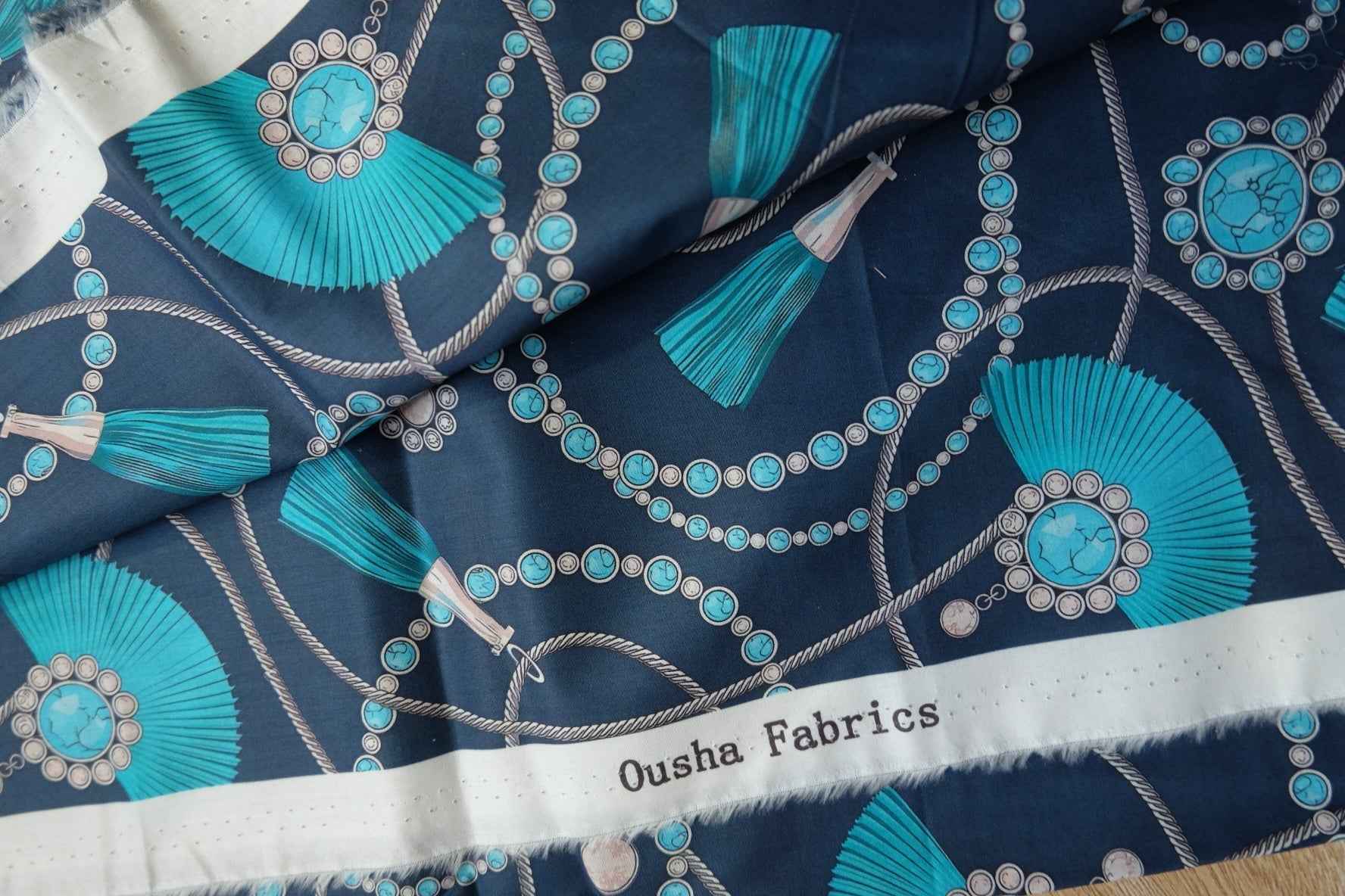 Turquoise Tassel Print Cotton Lawn Fabric – Lightweight Printed Cotton (2.08 yd)
