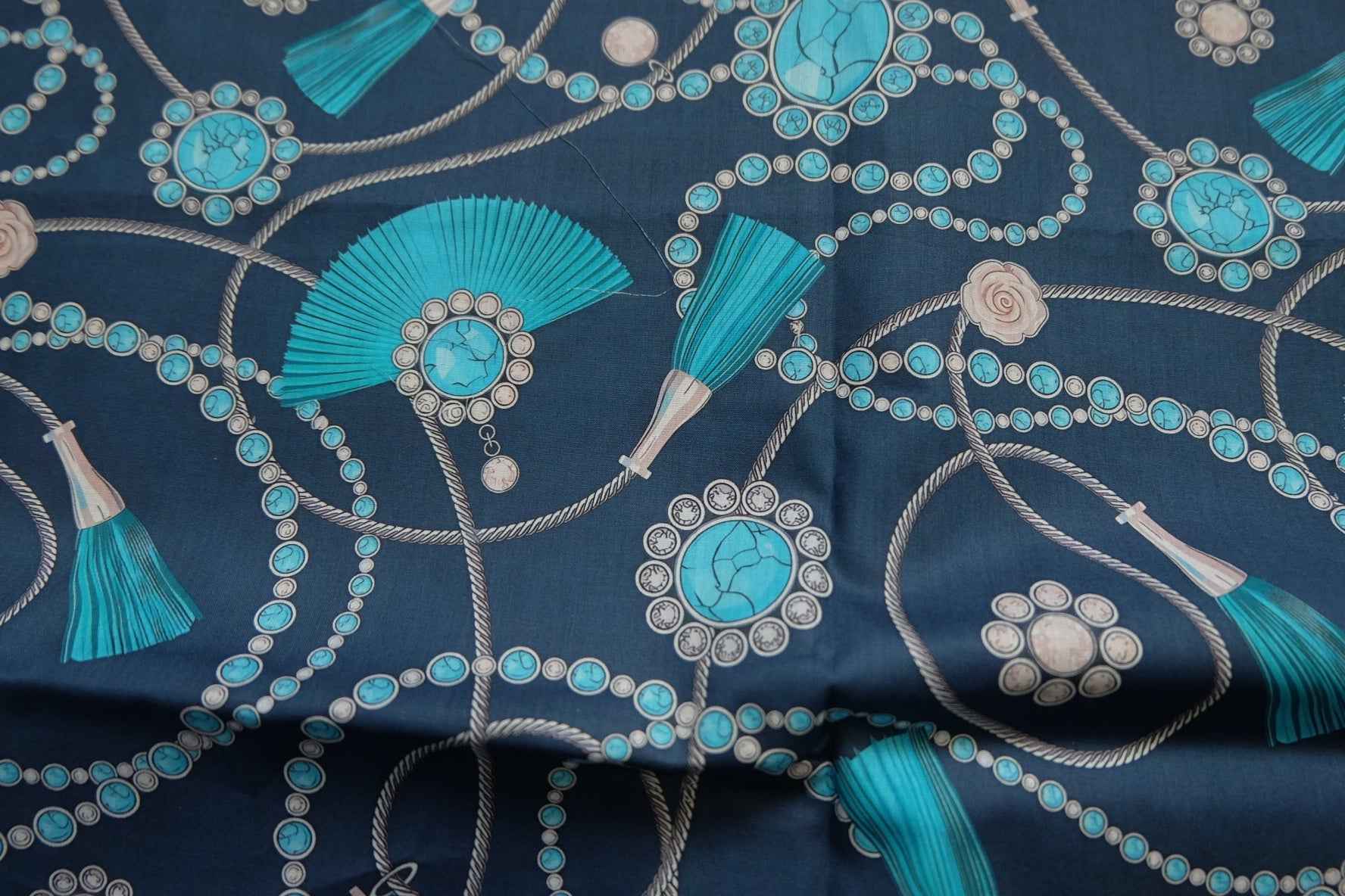 Turquoise Tassel Print Cotton Lawn Fabric – Lightweight Printed Cotton (2.08 yd)
