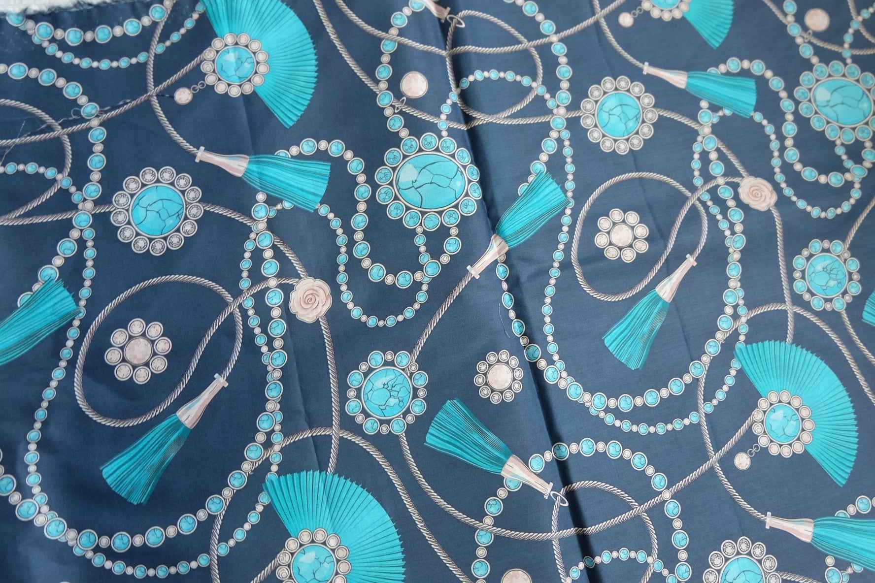 Turquoise Tassel Print Cotton Lawn Fabric – Lightweight Printed Cotton (2.08 yd)