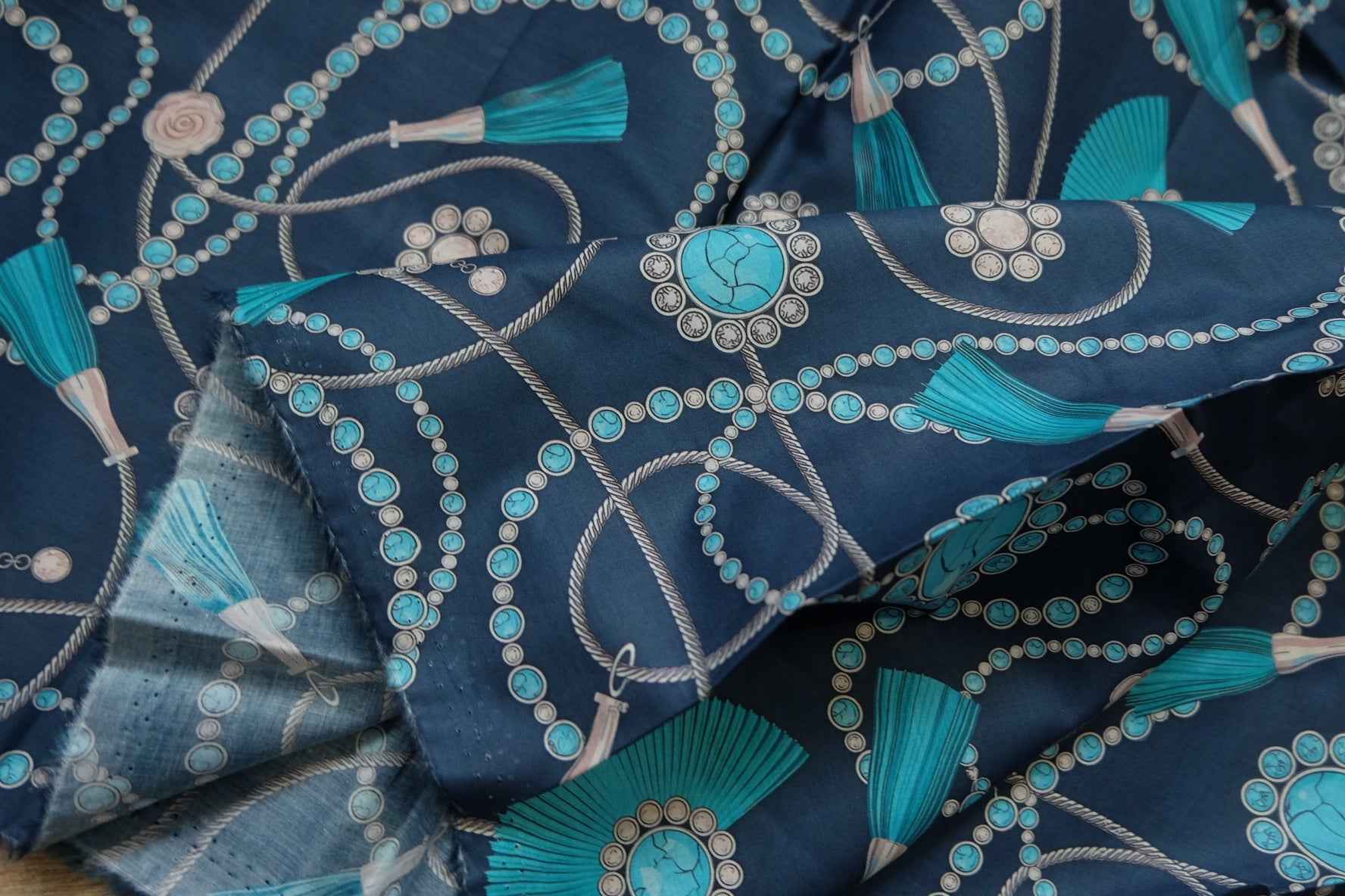Turquoise Tassel Print Cotton Lawn Fabric – Lightweight Printed Cotton (2.08 yd)