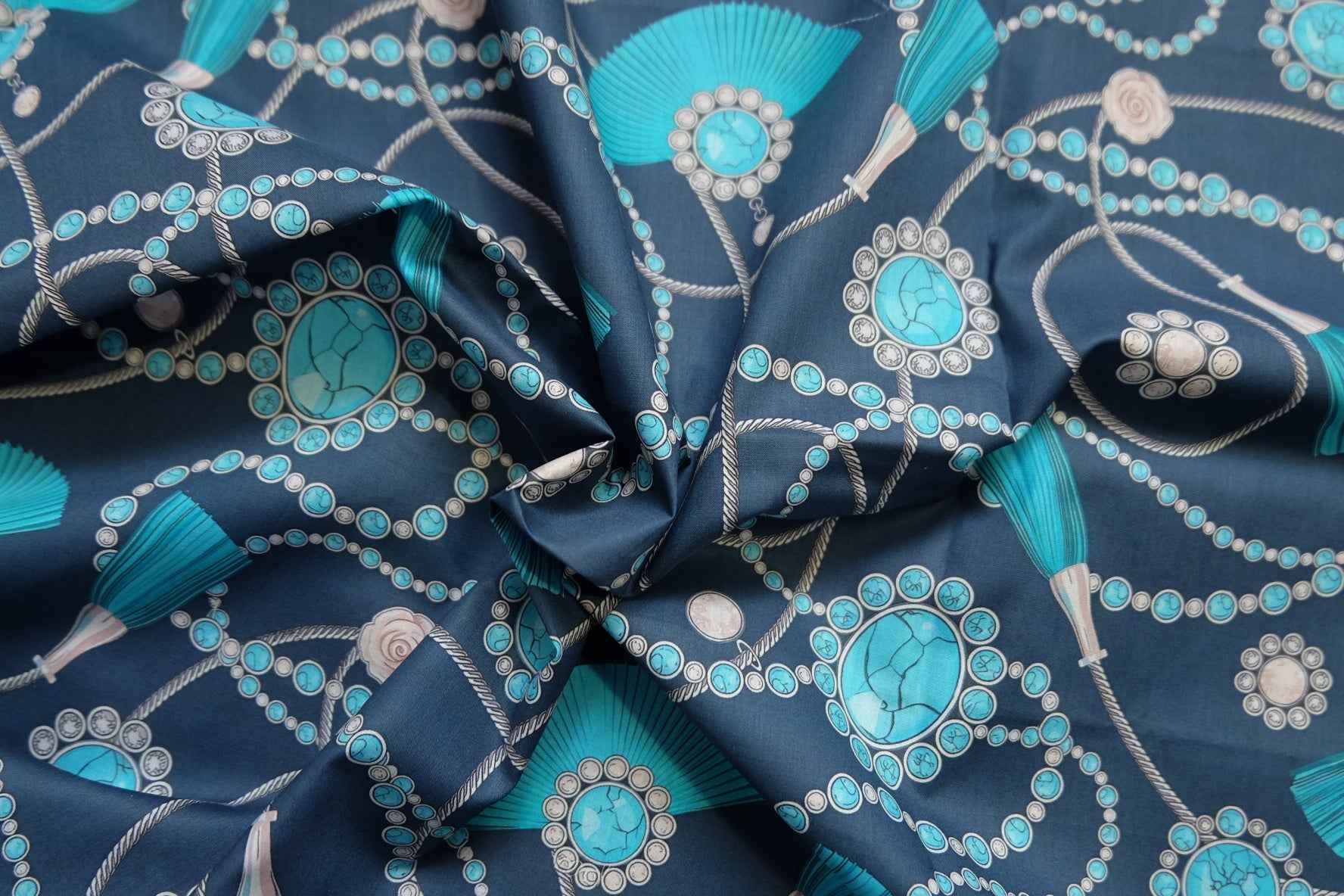 Turquoise Tassel Print Cotton Lawn Fabric – Lightweight Printed Cotton (2.08 yd)