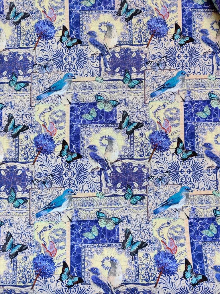 Vintage Collage Butterfly & Floral Cotton Fabric – Royal Blue & White – 45” Wide – Sold by the Half Yard - BUBBO