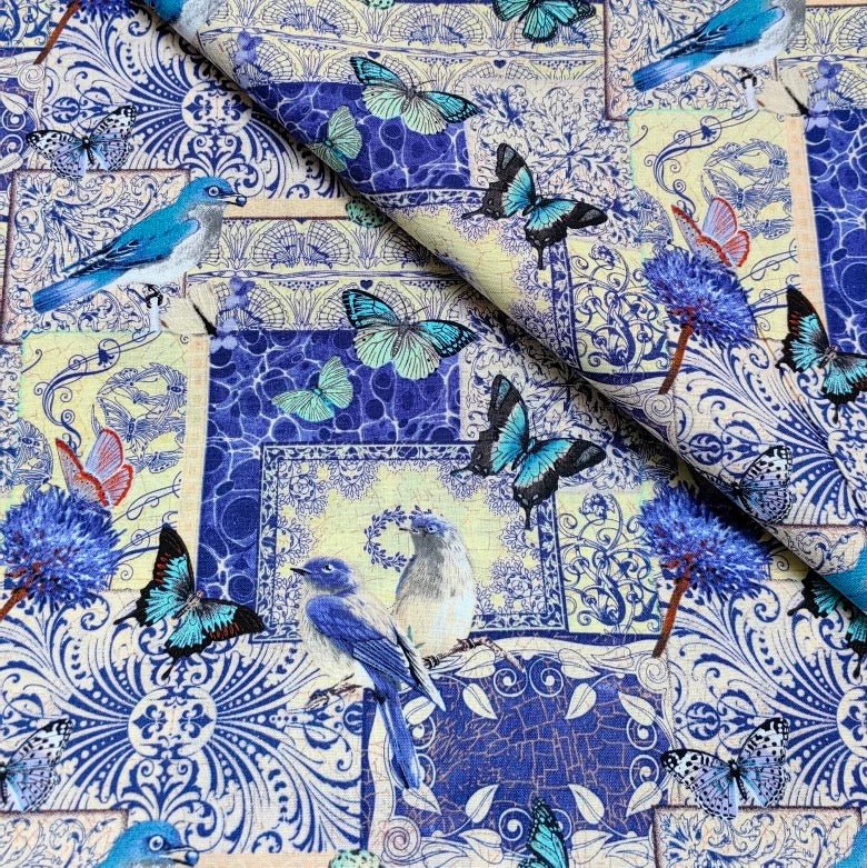 Vintage Collage Butterfly & Floral Cotton Fabric – Royal Blue & White – 45” Wide – Sold by the Half Yard - BUBBO