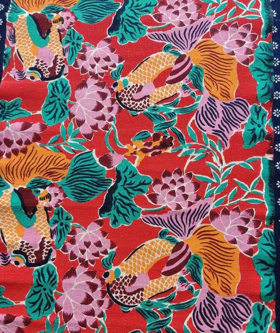Vintage 'Fortune's Flow' Print - Crimson Koi & Lotus Heritage Fabric - BUBBO