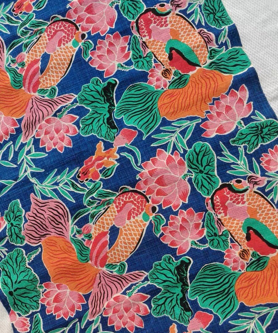 Vintage 'Fortune's Flow' Print - Crimson Koi & Lotus Heritage Fabric - BUBBO