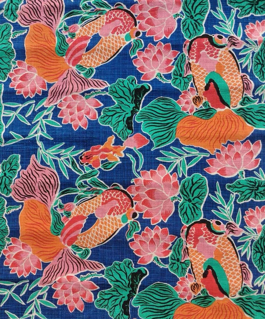 Vintage 'Fortune's Flow' Print - Crimson Koi & Lotus Heritage Fabric - BUBBO