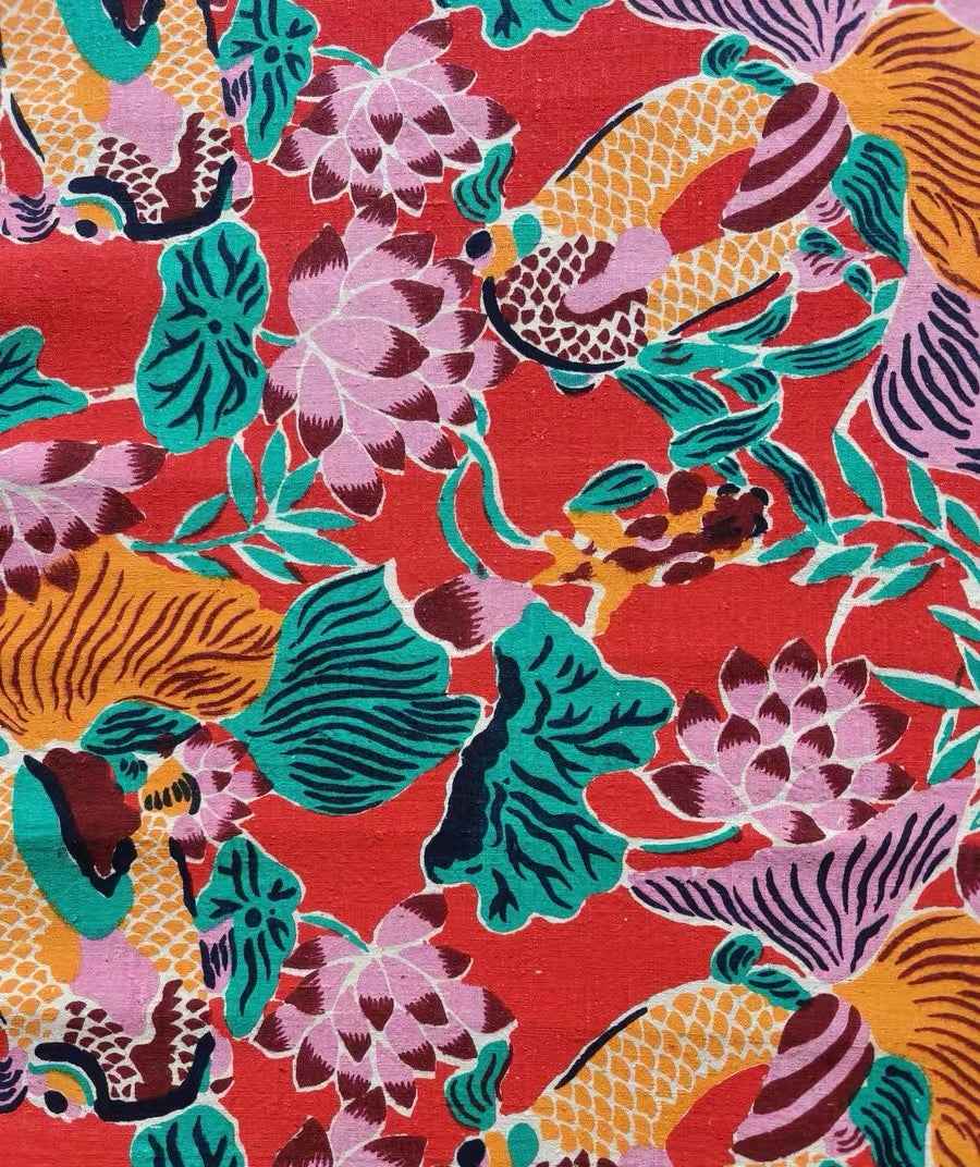 Vintage 'Fortune's Flow' Print - Crimson Koi & Lotus Heritage Fabric - BUBBO