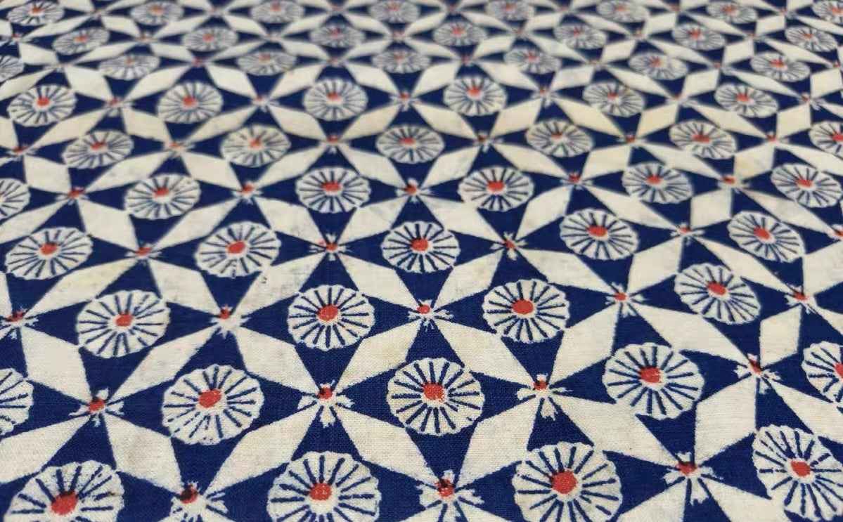 Vintage 'Loom & Kaleidoscope' Print - Azure & Crimson Geometric Heritage Fabric - BUBBO