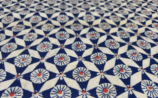 Vintage 'Loom & Kaleidoscope' Print - Azure & Crimson Geometric Heritage Fabric - BUBBO