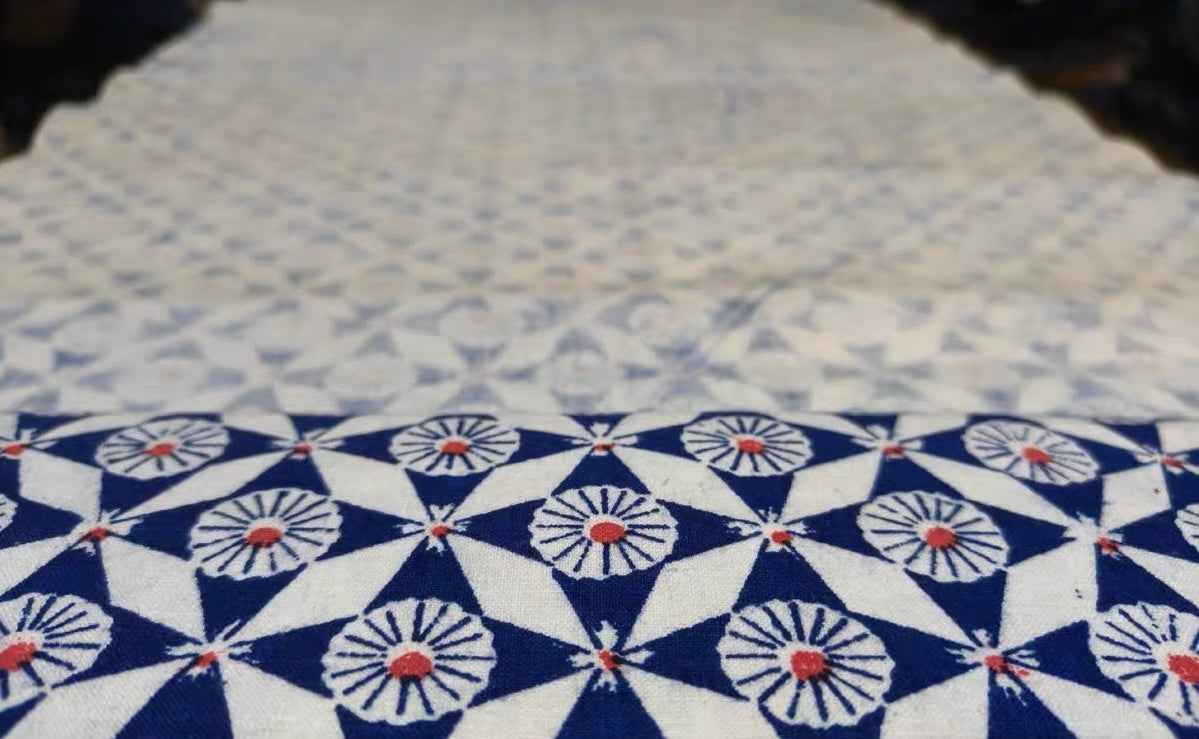 Vintage 'Loom & Kaleidoscope' Print - Azure & Crimson Geometric Heritage Fabric - BUBBO