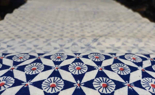 Vintage 'Loom & Kaleidoscope' Print - Azure & Crimson Geometric Heritage Fabric - BUBBO