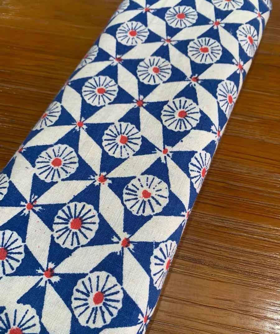 Vintage 'Loom & Kaleidoscope' Print - Azure & Crimson Geometric Heritage Fabric - BUBBO