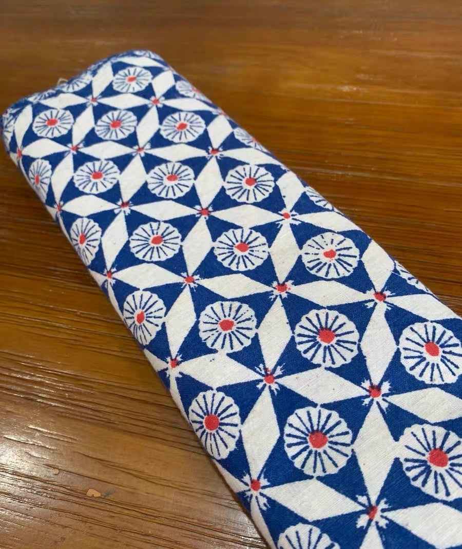 Vintage 'Loom & Kaleidoscope' Print - Azure & Crimson Geometric Heritage Fabric - BUBBO