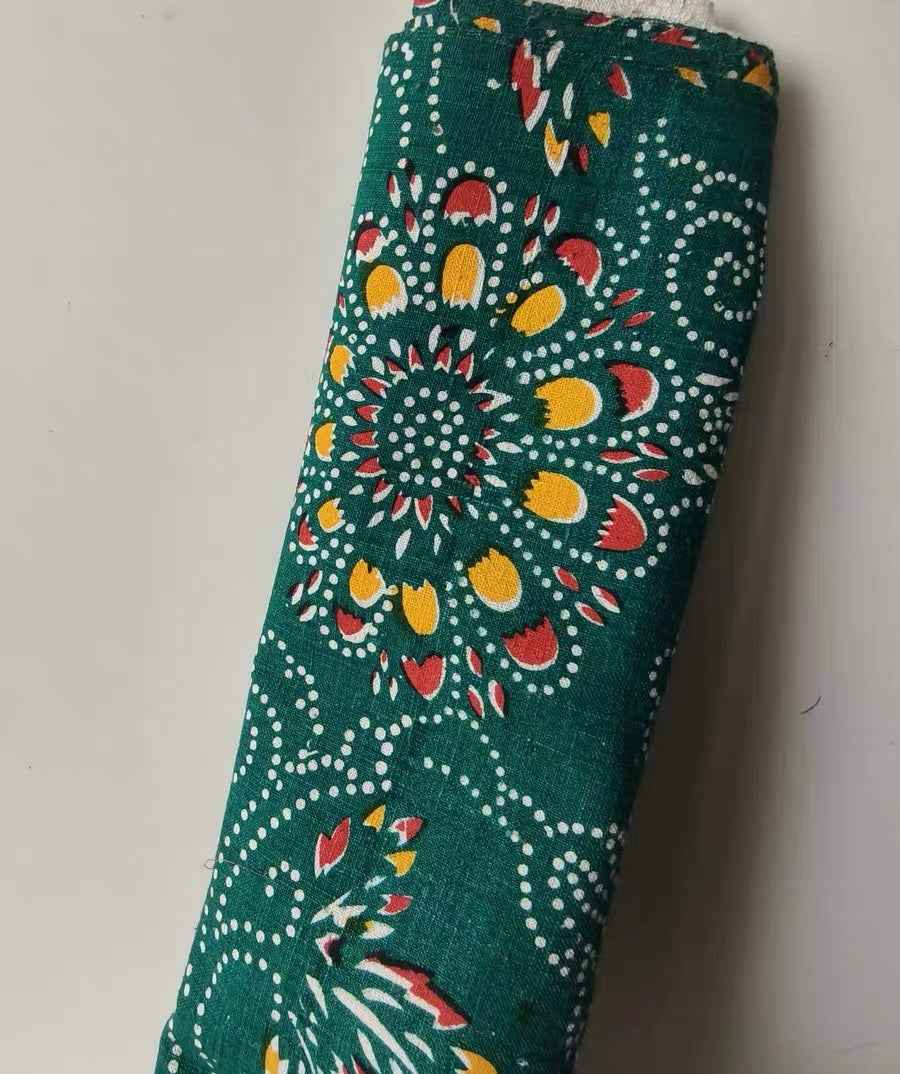 Vintage 'Sunflower Glory' Print - Emerald Green Floral Heritage Fabric - BUBBO