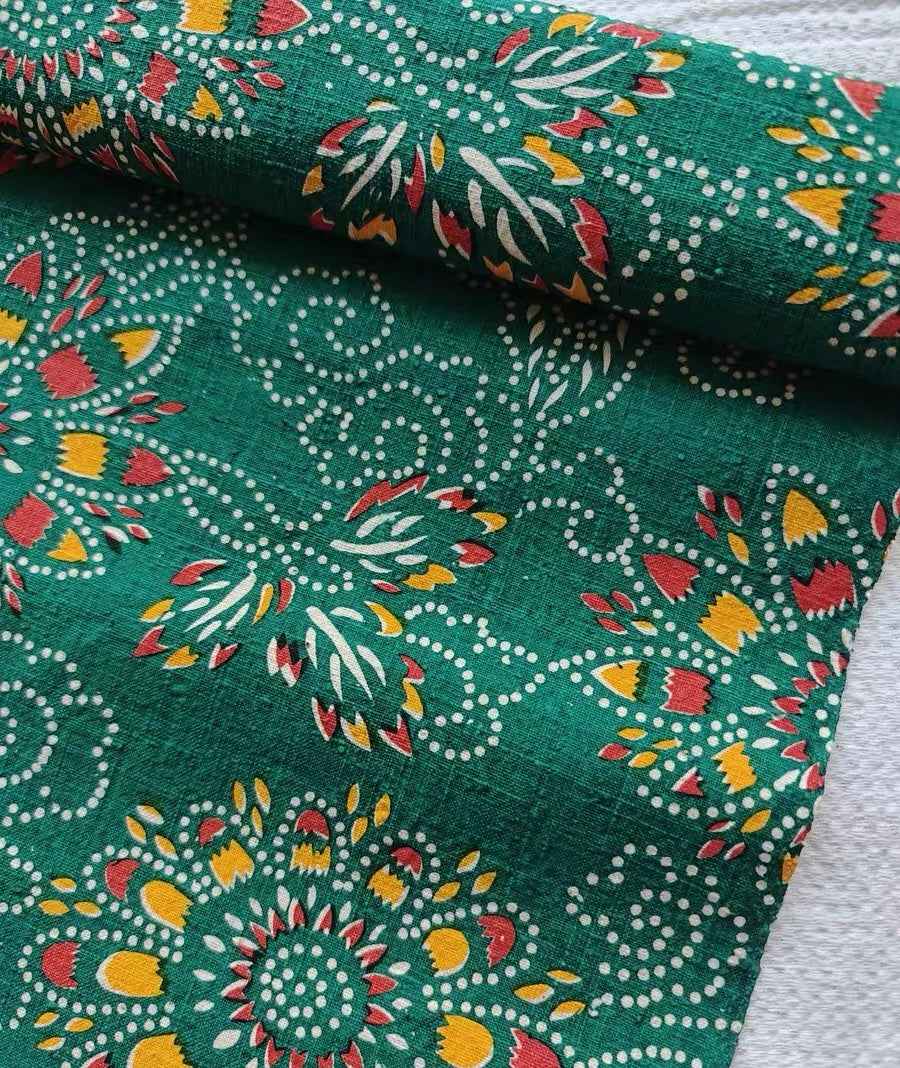 Vintage 'Sunflower Glory' Print - Emerald Green Floral Heritage Fabric - BUBBO