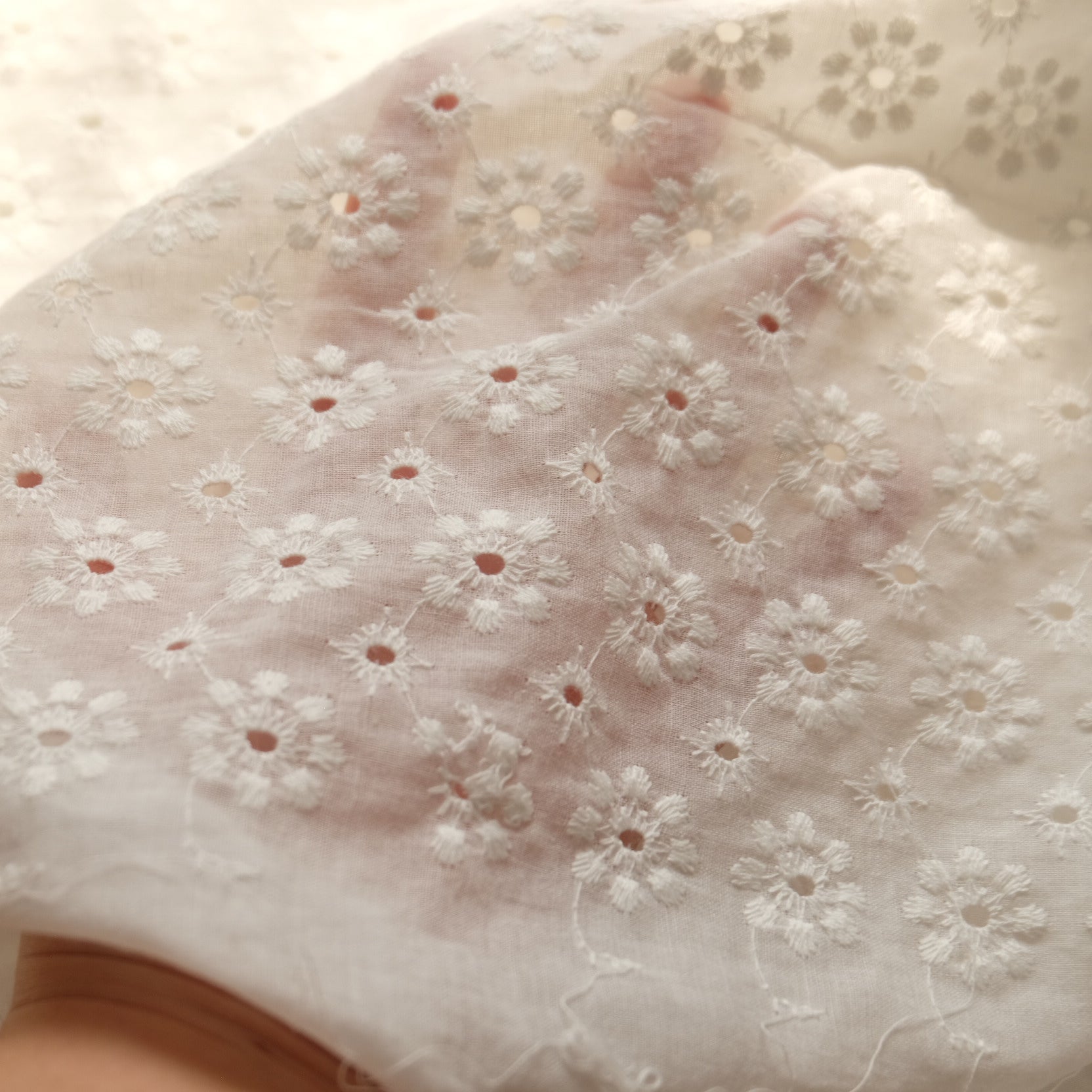 White Cotton Eyelet Fabric – Lightweight Sheer Embroidered Fabric (2.19 yds) - BUBBO