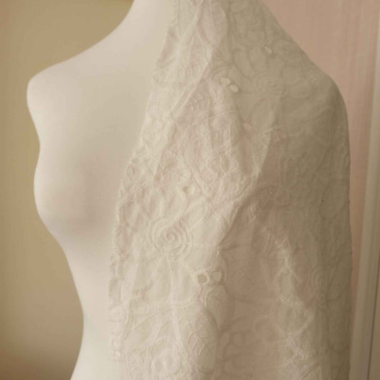 White Embroidered Cotton Fabric – Fresh Eyelet Fabric for Blouses, Skirts & Sets (2.19 yds)