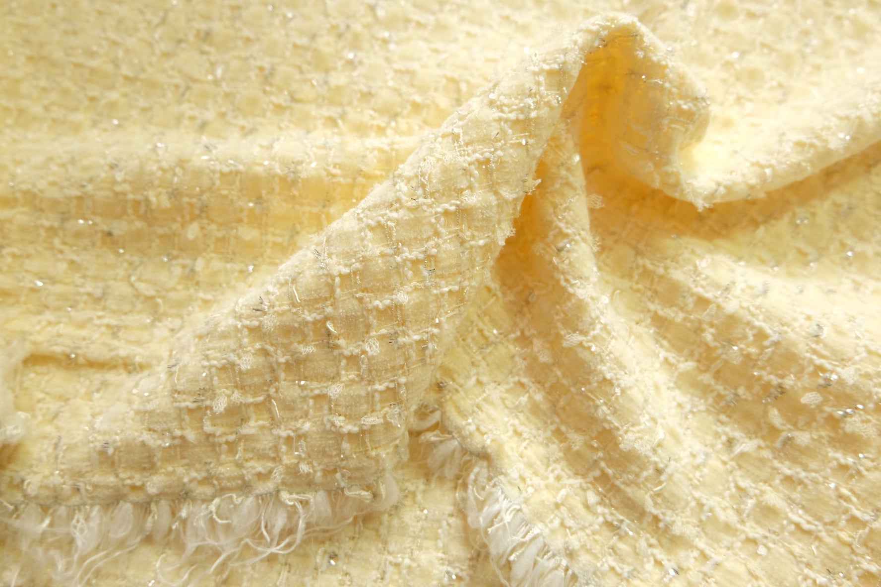 Yellow Tweed Fabric – Bouclé Style, Apparel Factory Deadstock, 2.2 yds Cut - BUBBO